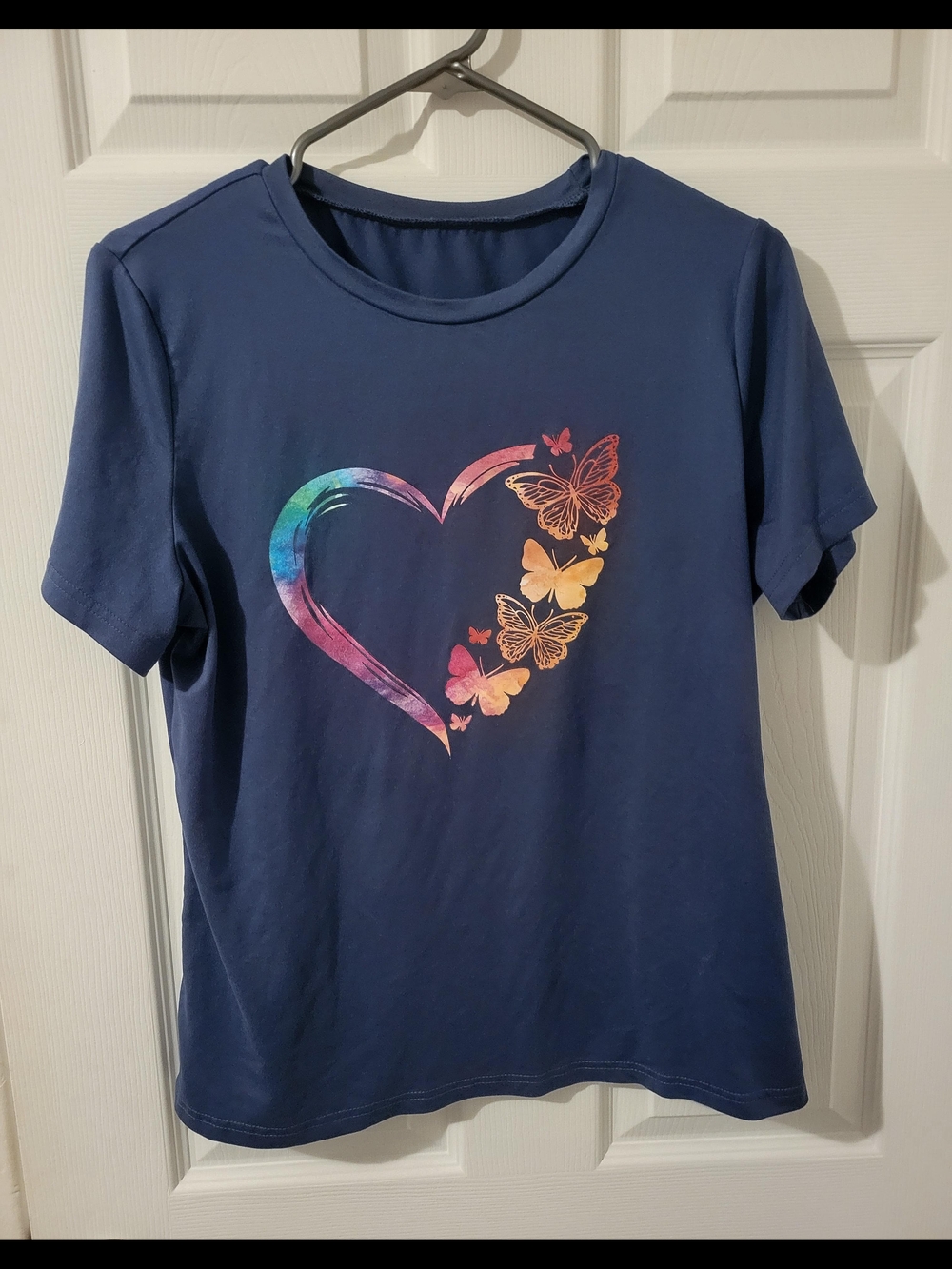 Navy Blue Tee with Rainbow Heart & Butterfly Graphic.